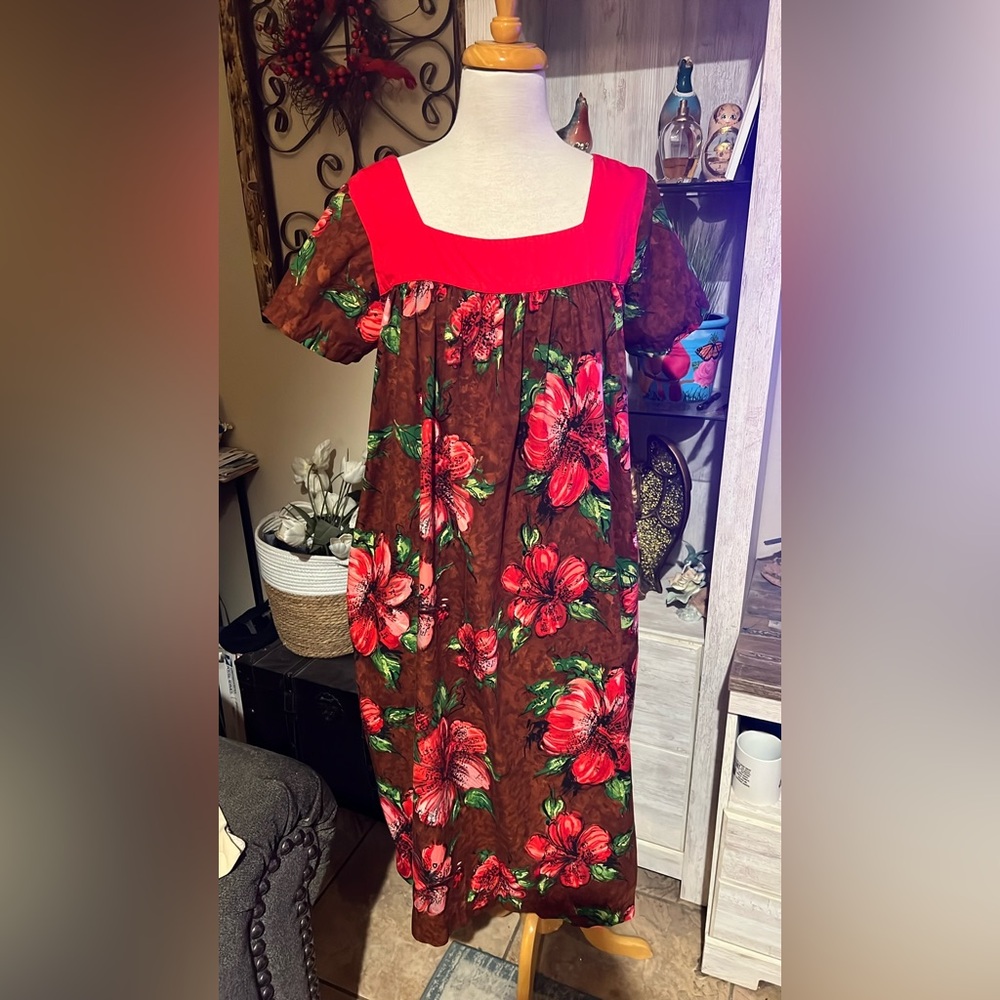 Floral Red and Brown Midi Dress Made in Hawaii